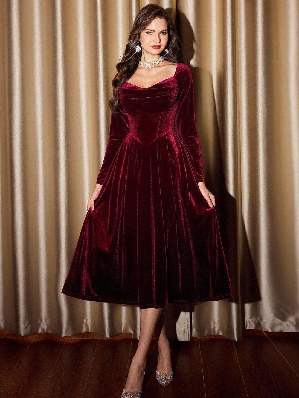 ZARA Burgundy Velvet Square Neck Long Sleeve Tea Dress Vintage Midi